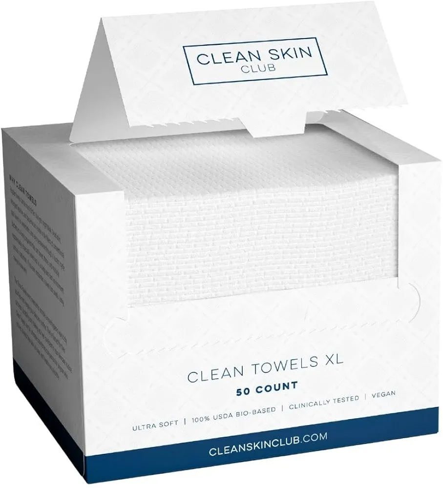 Clean Skin Club Clean Towels XL, 100% USDA Biobased Dermatologist Approved Face Towel, Disposable Clinically Tested Face Towelette, Facial Washcloth, Makeup Remover Dry Wipes, 100 ct, 2 pack