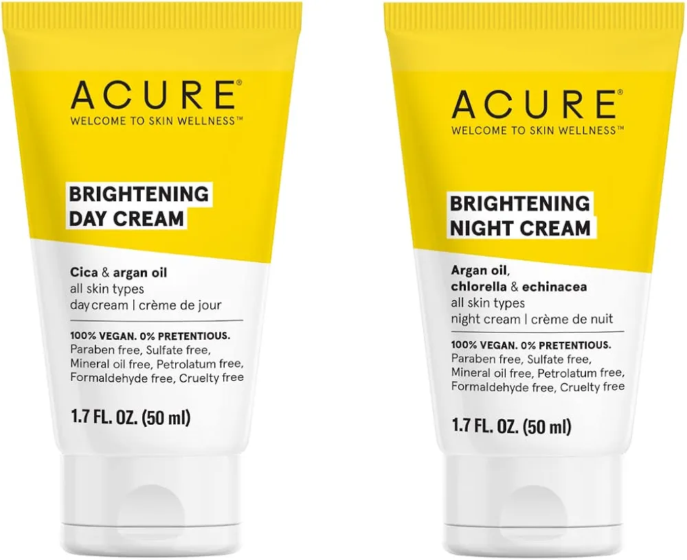 ACURE Brightening Day & Night Cream Duo Pack - 100% Vegan - Moisturizes & Brightens All Skin Types - 1.70 Fl Oz. Each