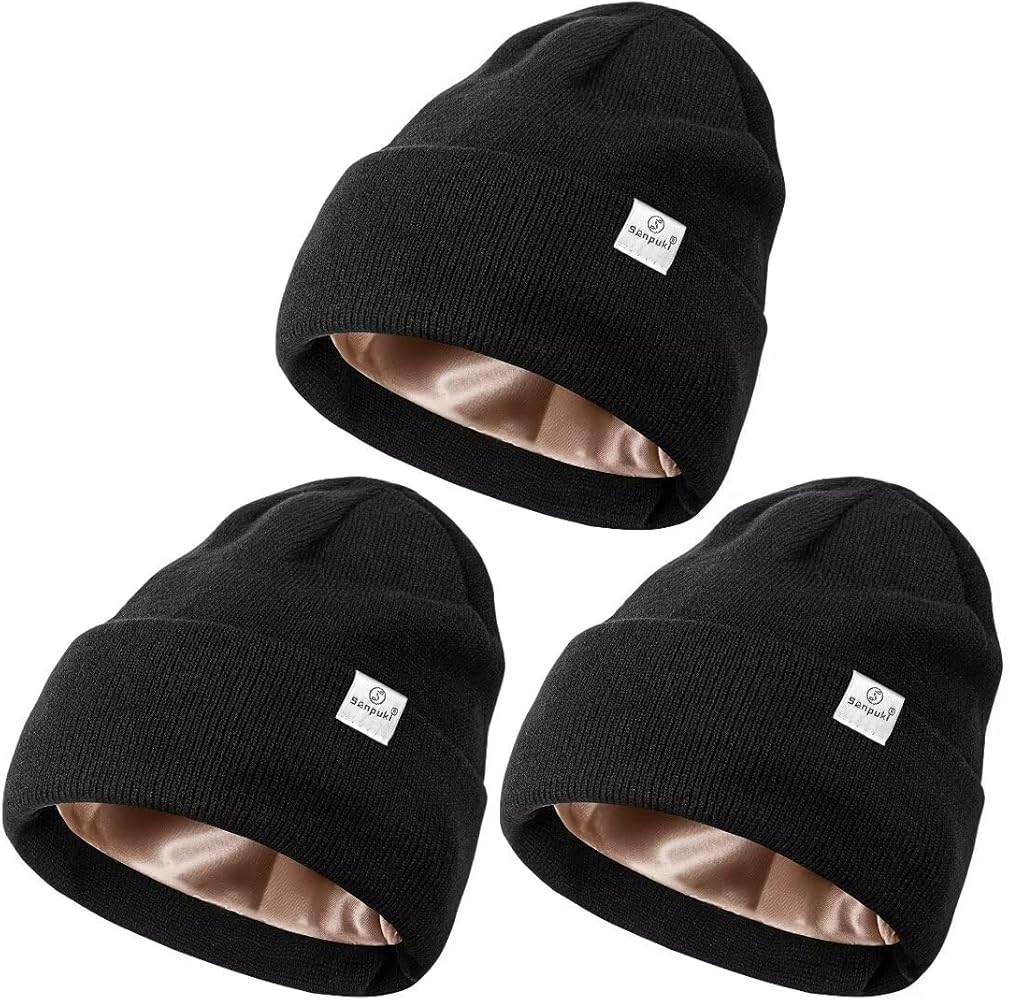 3 Pack Satin Lined Winter Beanie Hats for Women Men,Silk Lined Beanie Knit Soft Warm Cuffed Hat