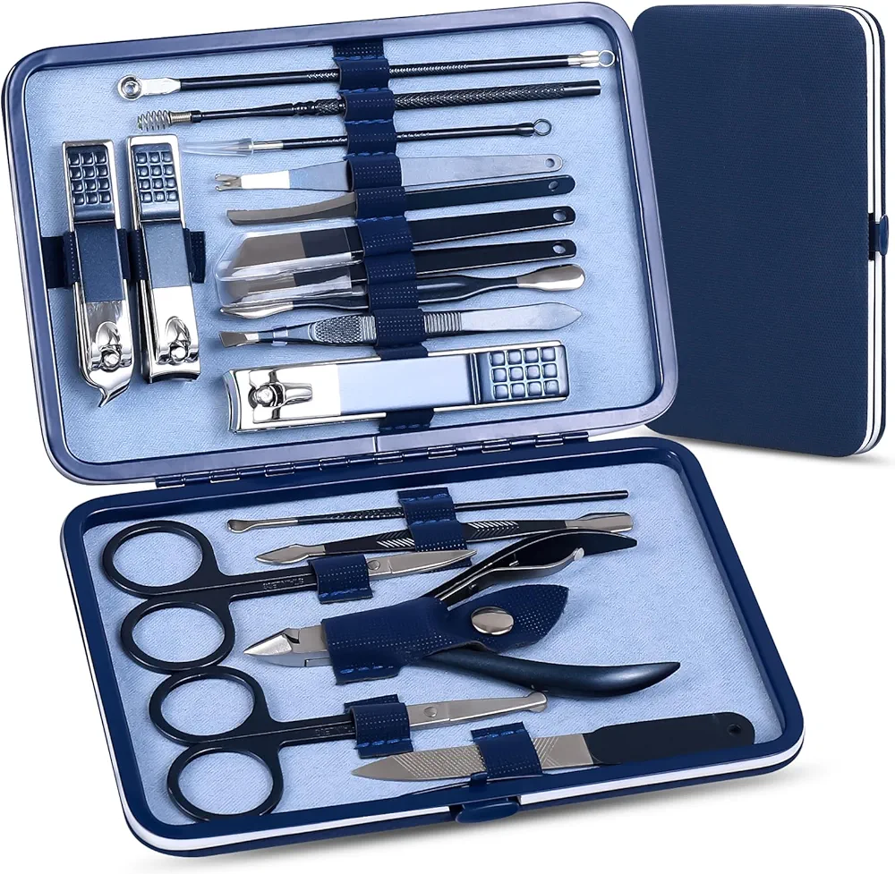 Manicure Set Pedicure Kit Nail Clippers Set Fingernail Clipper Set Ingrown Toenail Nail Kit Scissor Nail Trimmer Kit 18 Pieces Women and Men’s Care Grooming Tools with Fine Case (Dark Blue_18 Pieces)