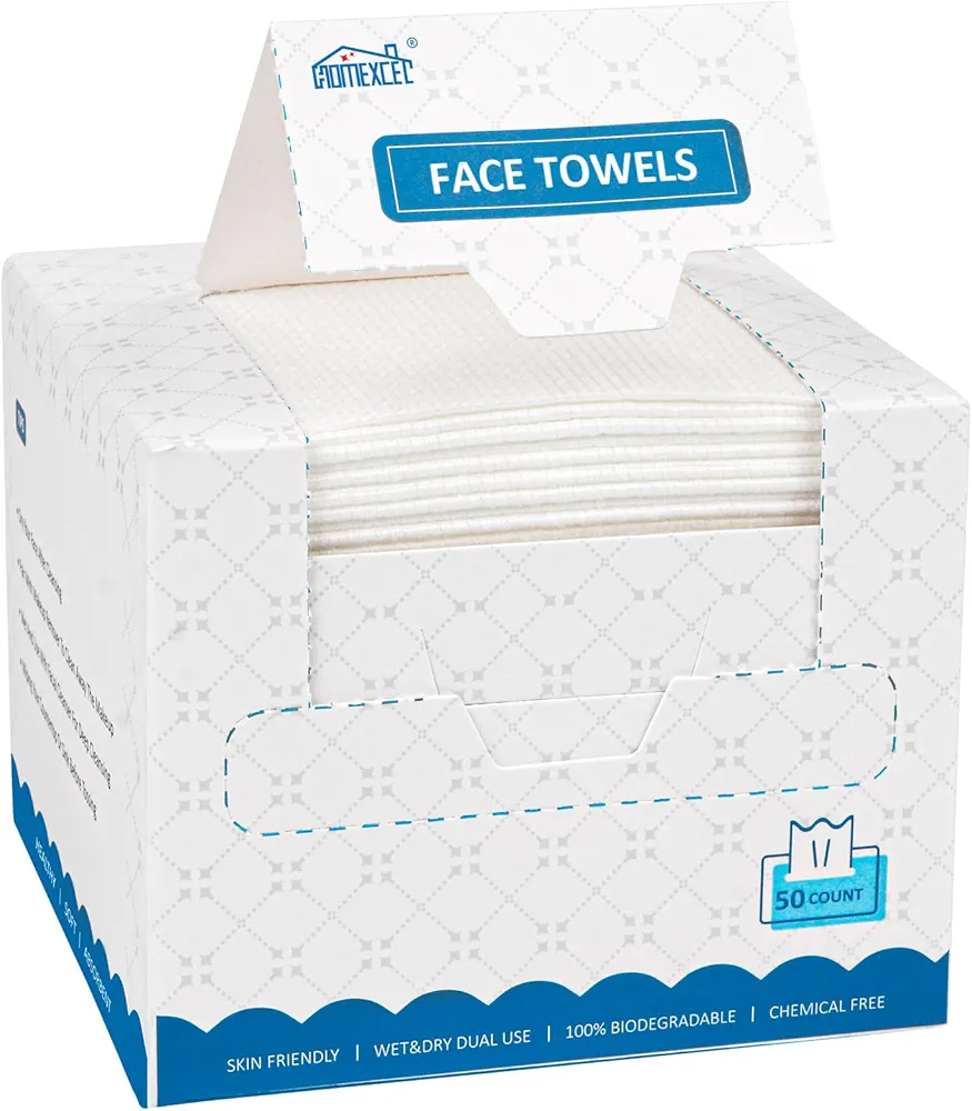 HOMEXCEL Face Towels, Disposable Face Towelette, Biodegradable Makeup Remover Dry Wipes 50 Count, Super Soft Clean Facial Towels Wash Cloth for Sensitive Skin