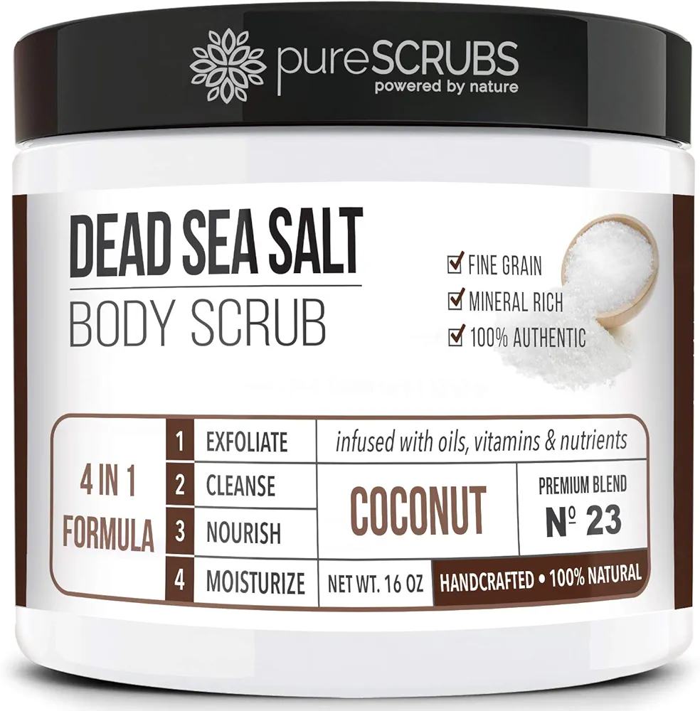 pureSCRUBS Premium Coconut Body Scrub Set - Large 16oz Dead Sea Salt Body Scrub With Infused Essential Oils & Nutrients, Includes Wooden Spoon, Loofah & Oatmeal Exfoliating Bar Soap