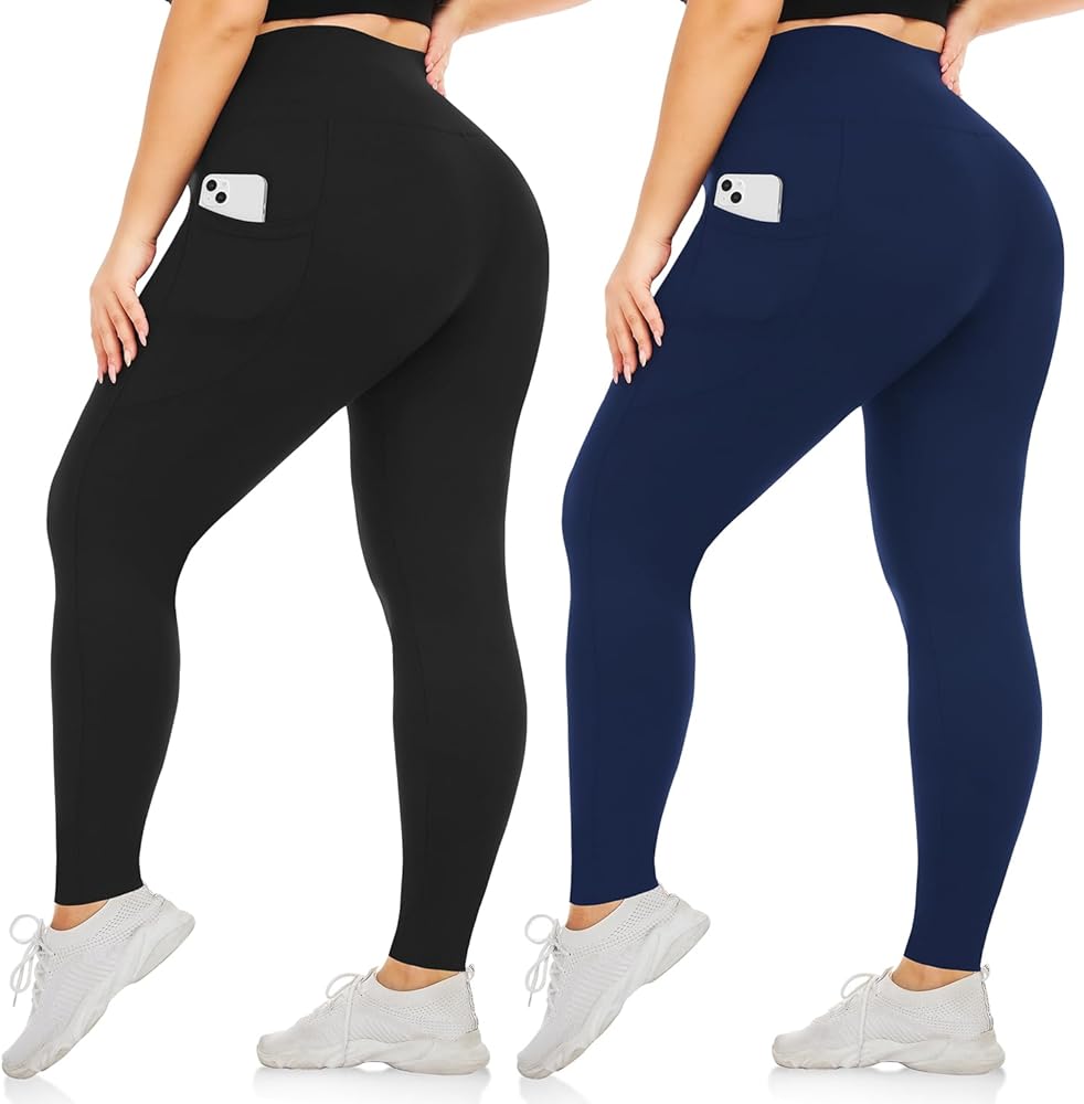 yeuG Women's Plus Size Leggings with Pocket-High Waist Tummy Control Yoga Pants Workout Running Black Leggings