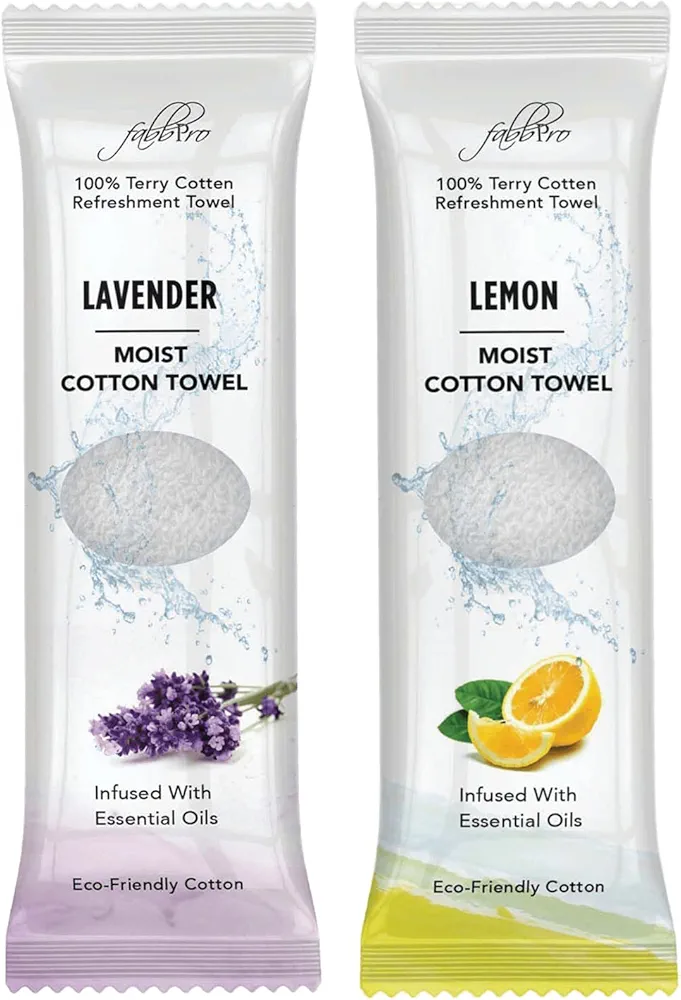 Oshibori Moist Terry Cotton Refreshment Towels (50 Pack, 8 x 8 Inches) - White Mildly Scented Pre-moistened Towel to Use Hot or Cold - Lemon & Lavender Scent Bundle of 25 each