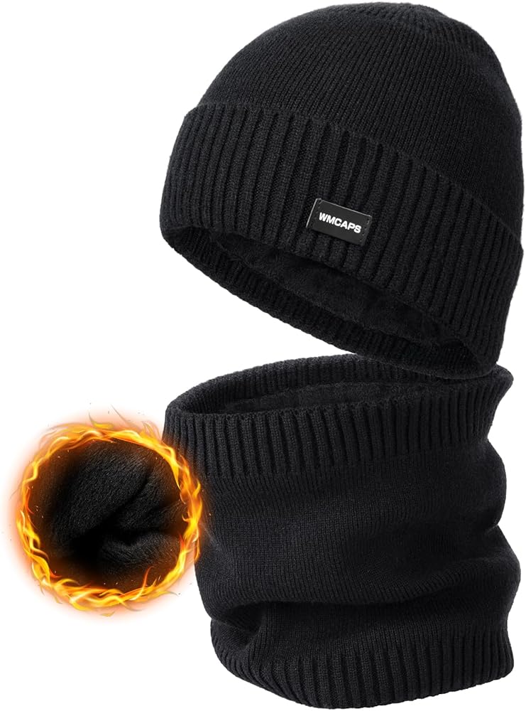 Wmcaps Unisex Fleece Lined Beanie & Scarf Set Gifts for Men Women, Thick Fleece Warmer Neck Face Scarf Set