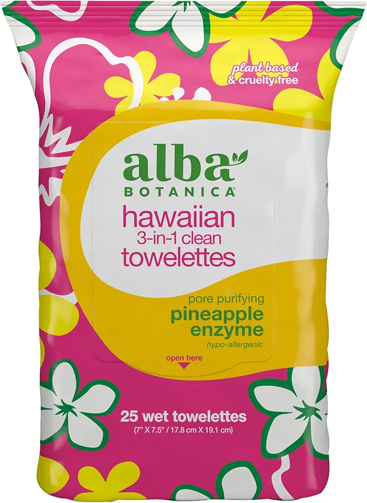 Alba Botanica Hawaiian 3 In 1 Clean Towelettes Deep Pore Purifying Enzyme, Pineapple, 25 Count (Packaging May Vary)