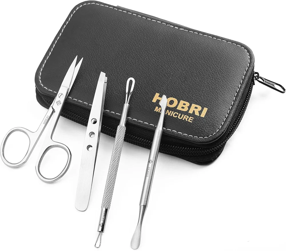 Manicure Kit, Manicure Set, Grooming Kit, Beauty & Personal Care Kit, Professional Stainless Steel Nail Scissor, Tweezer, Nail Pusher, Black Head Remover with Travel Case (4 Pcs), Hobri International