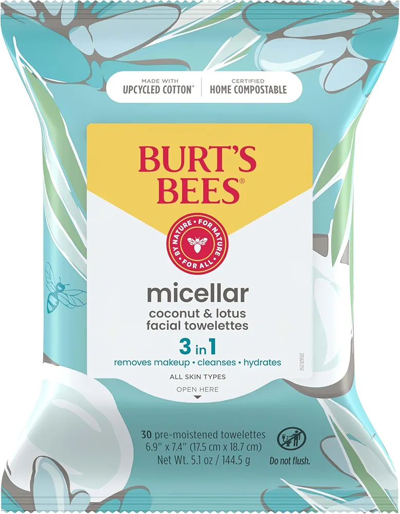 Burt's Bees Micellar Facial Towelettes With Coconut and Lotus, Pre-Moistened Towelettes for All Skin Types, 99.5 Percent Natural Origin Skin Care, 30 ct. Package