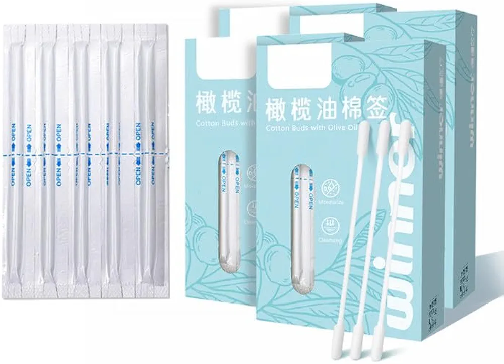 Olive Oil Makeup Remove Cotton Swabs - 200 Pcs Individually Wrapped Content 0.2ml/Pcs - for Dry Skin, Ear Canal Cleaning, Makeup - Degradable Material