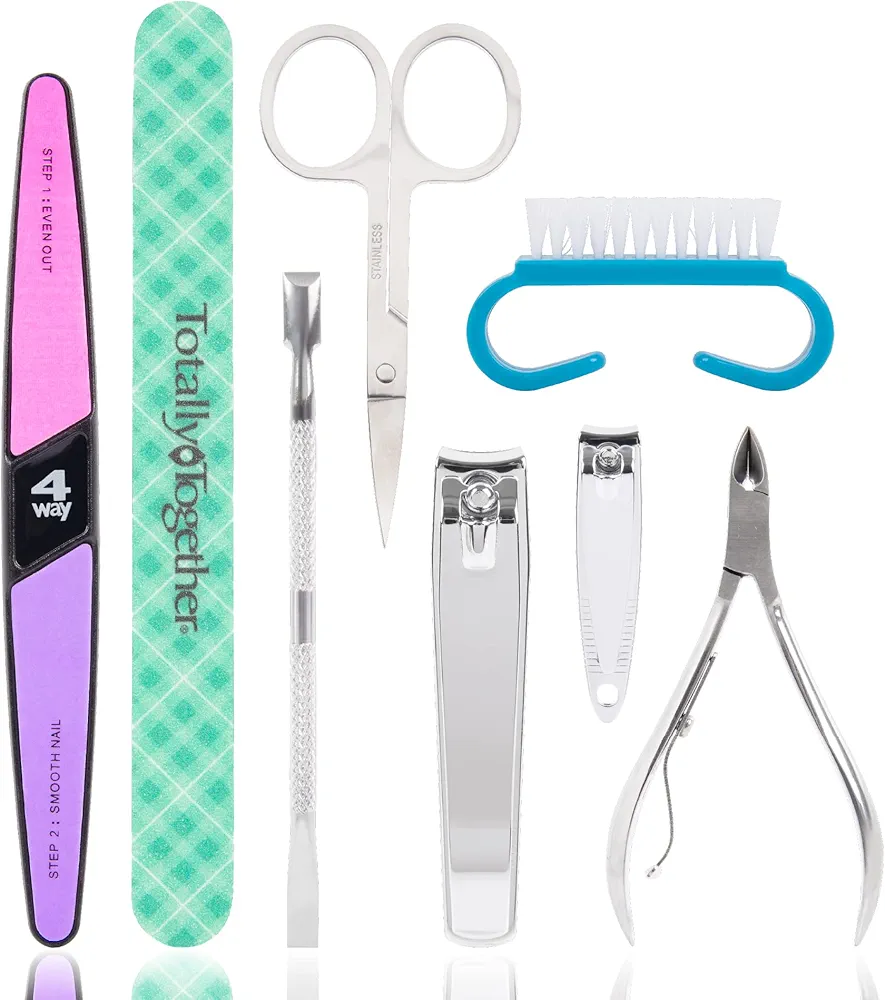 TRIM Manicure & Pedicure Kit – Includes Fingernail Clipper, Toenail Clipper, Nail Scissors, Cuticle Nipper, Cuticle Pusher, Nail Brush, Salon Board, 4-Step Buffing Board & Storage Pouch – 8 Pieces