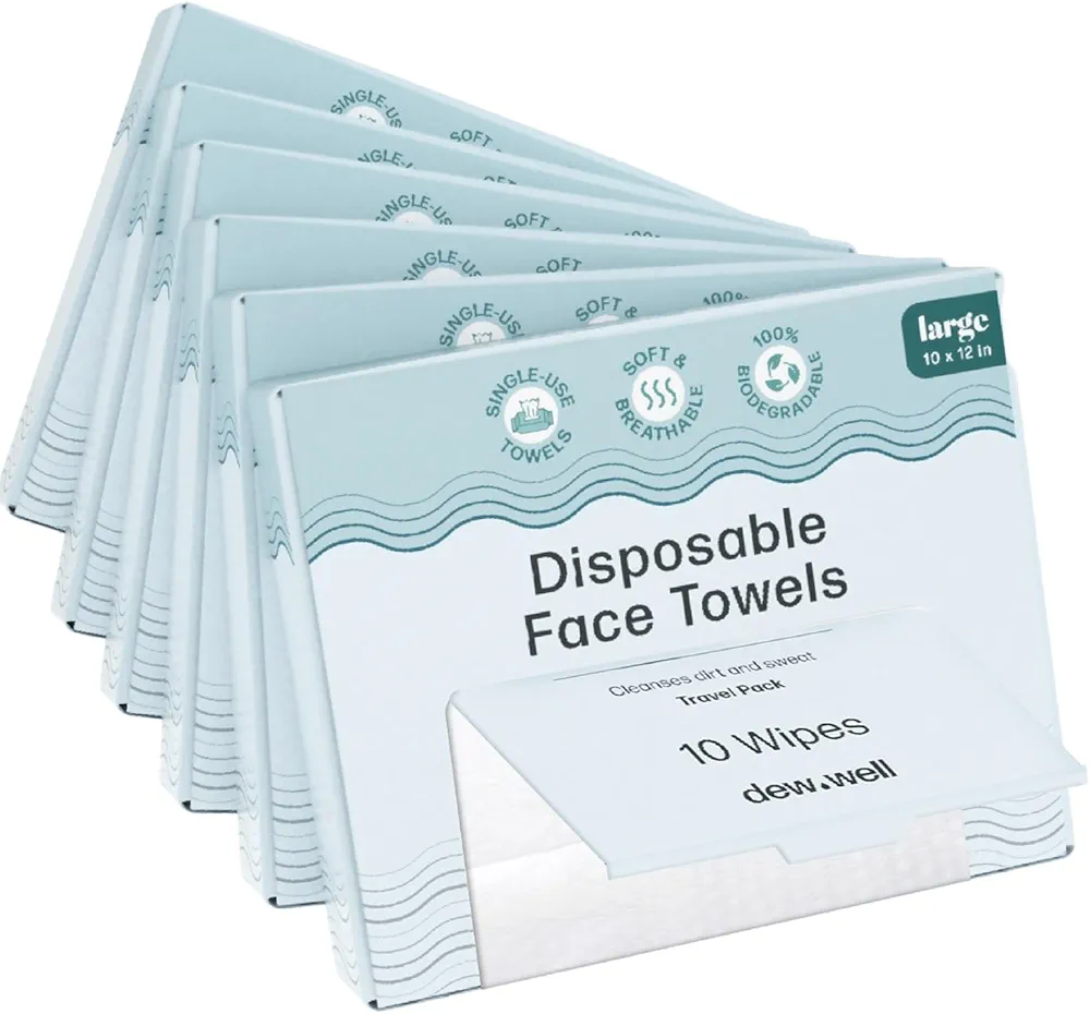 Large Disposable Face Towels - 60 Towelettes Total (6 Boxes) - Soft, Breathable, 100% Biodegradable - Single-Use Disposable Washcloths for Travel - Travel Toiletries for Men and Women