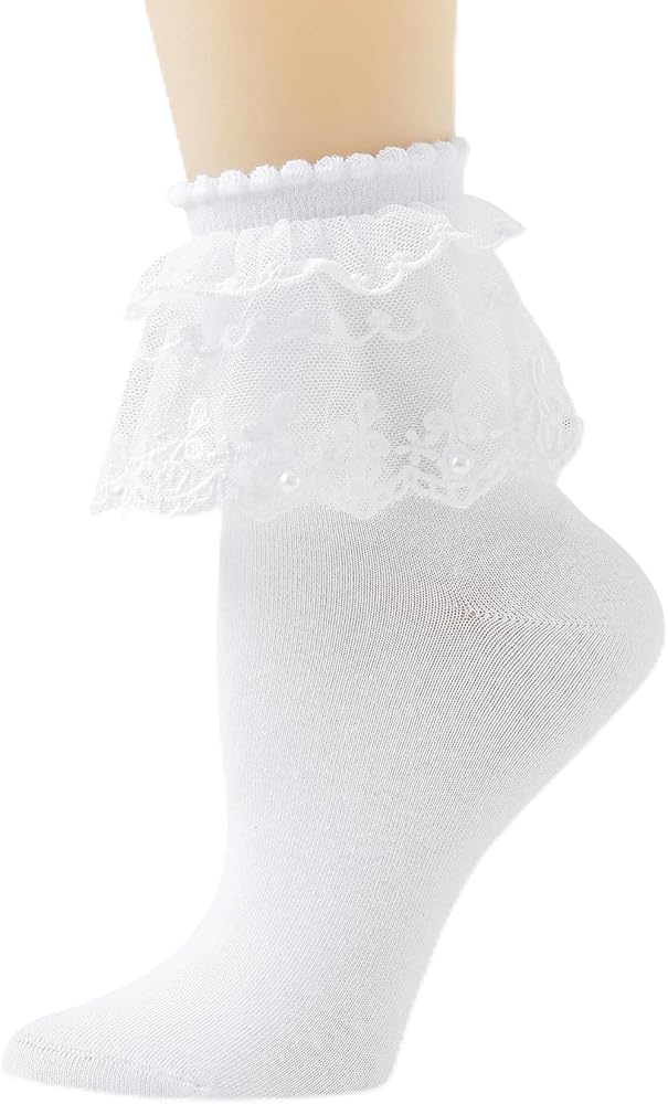 Women Lace Ruffle Frilly Ankle Socks with Pearl Lace