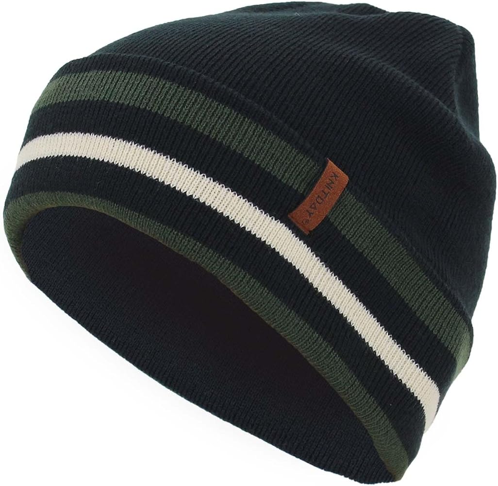 Men's Black Cuffed Running Golf Beanie Winter Hat for Men, Knitted Stripes Headband Pattern Cuff Beenie Skull Cap