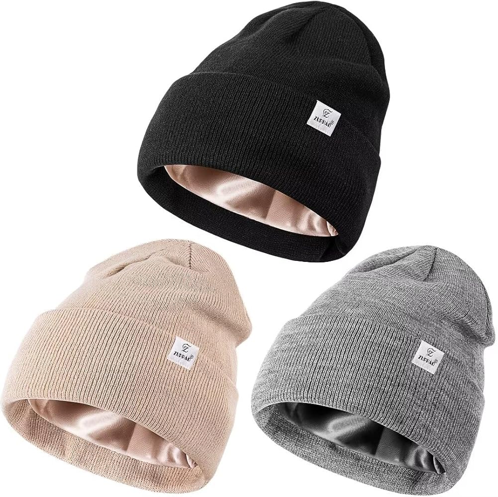 3 Pack Satin Lined Winter Beanie Hats,Silk Lined Beanie Knit Soft Warm Cuffed Hat for Women Men