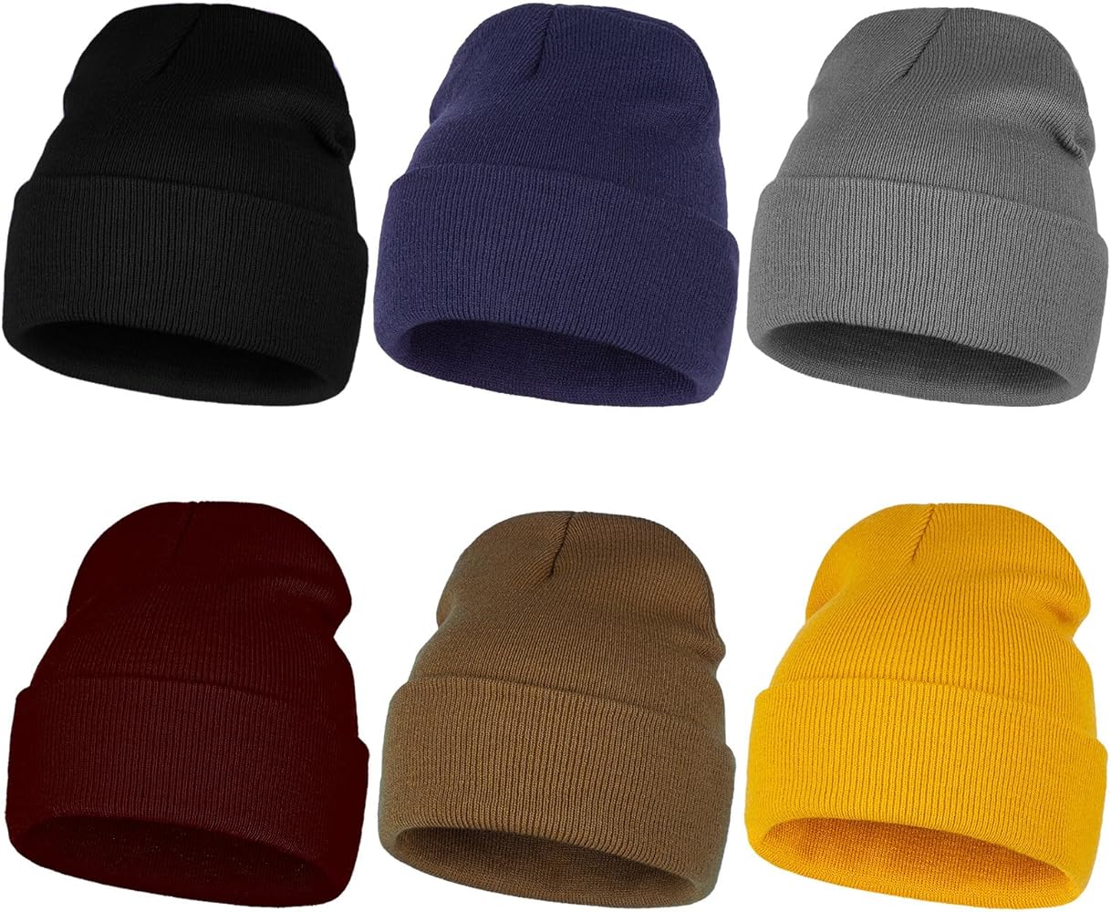 6 Pack Winter Cuffed Beanie Hats for Men Women Knitted Warm Skull Cap