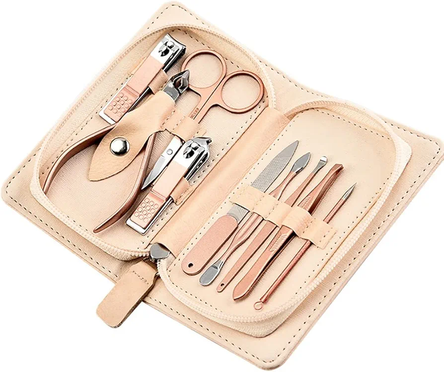 Manicure Set Travel Manicure Sett 9-Piece Personal Care Portable Nail Set with Built-in Nail File for Men and Women Home Nail Clippers and Tweezers Set Manicure Nail Clippers Kit, Beige