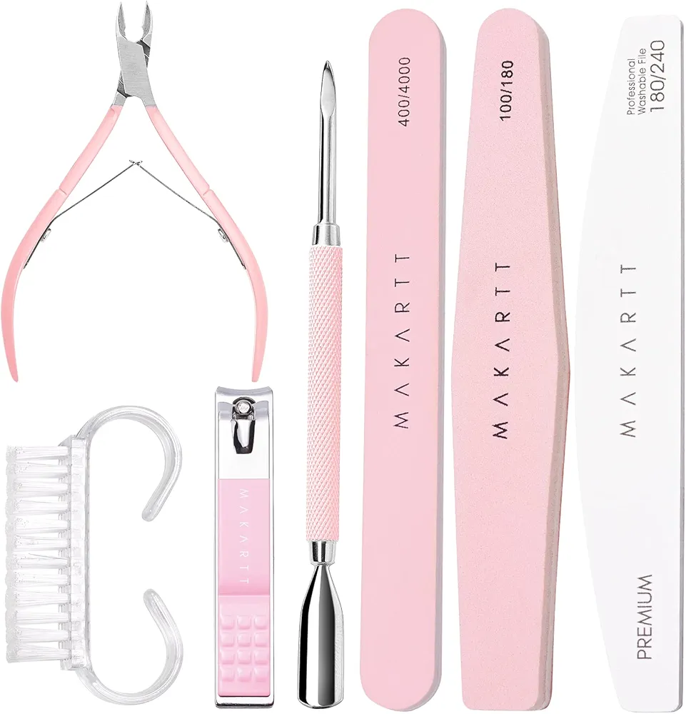 Makartt Nail File and Buffer, Pink Basic Nail Prep Kit with Cuticle Trimmer, Beginner Manicure Kit Nail Care Kit with Cuticle Clipper, Cuticle Trimmer and Nail Brush for Natural Acrylic Nails(7pcs)