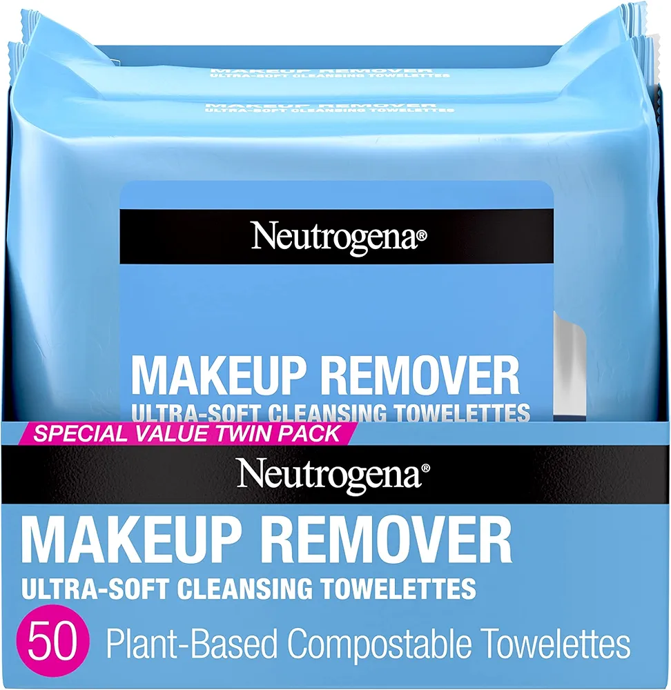 Neutrogena Makeup Remover Wipes, Ultra-Soft Cleansing Facial Towelettes for Waterproof Makeup, Alcohol-Free, Plant-Based, 50 Count (2 Packs of 25)