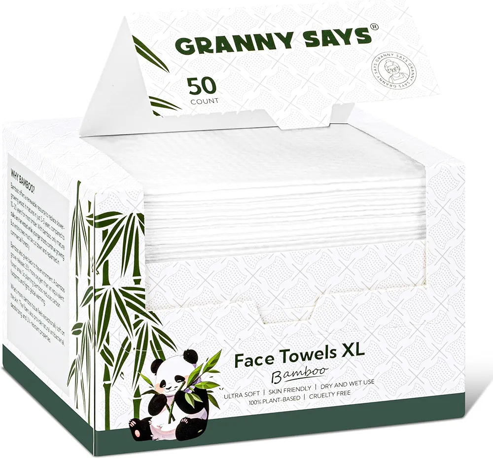 GRANNY SAYS Bamboo Disposable Face Towel, Face Towelettes Disposable, 10"×12" Thick Soft Face Towels, Disposable Towels for Remove Makeup, Facial Cleansing, Nursing, Travel, 50 Count/1 Pack