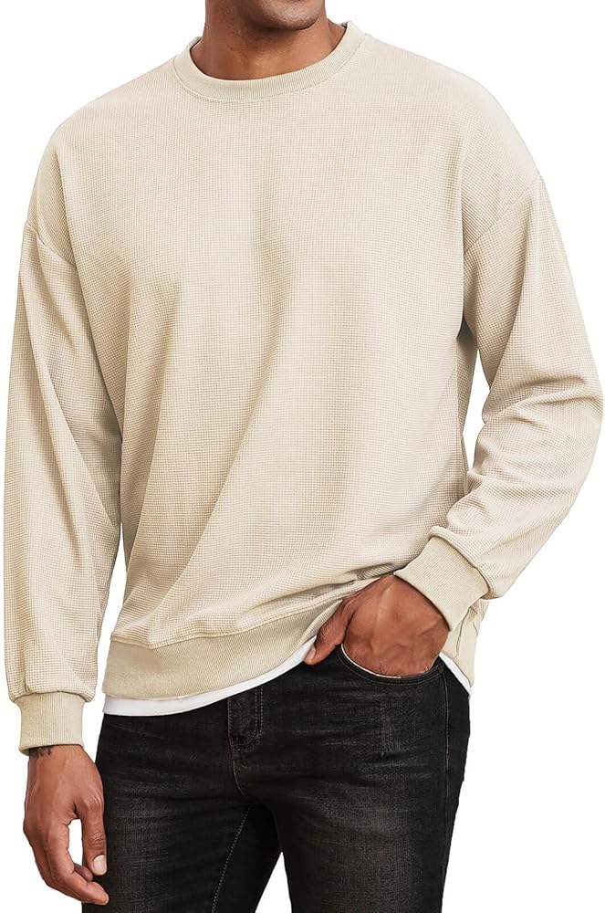 Men's Crewneck Sweatshirts Oversized Waffle Knit Texture Patchwork Long Sleeve Casual Lightweight Pullover Shirt