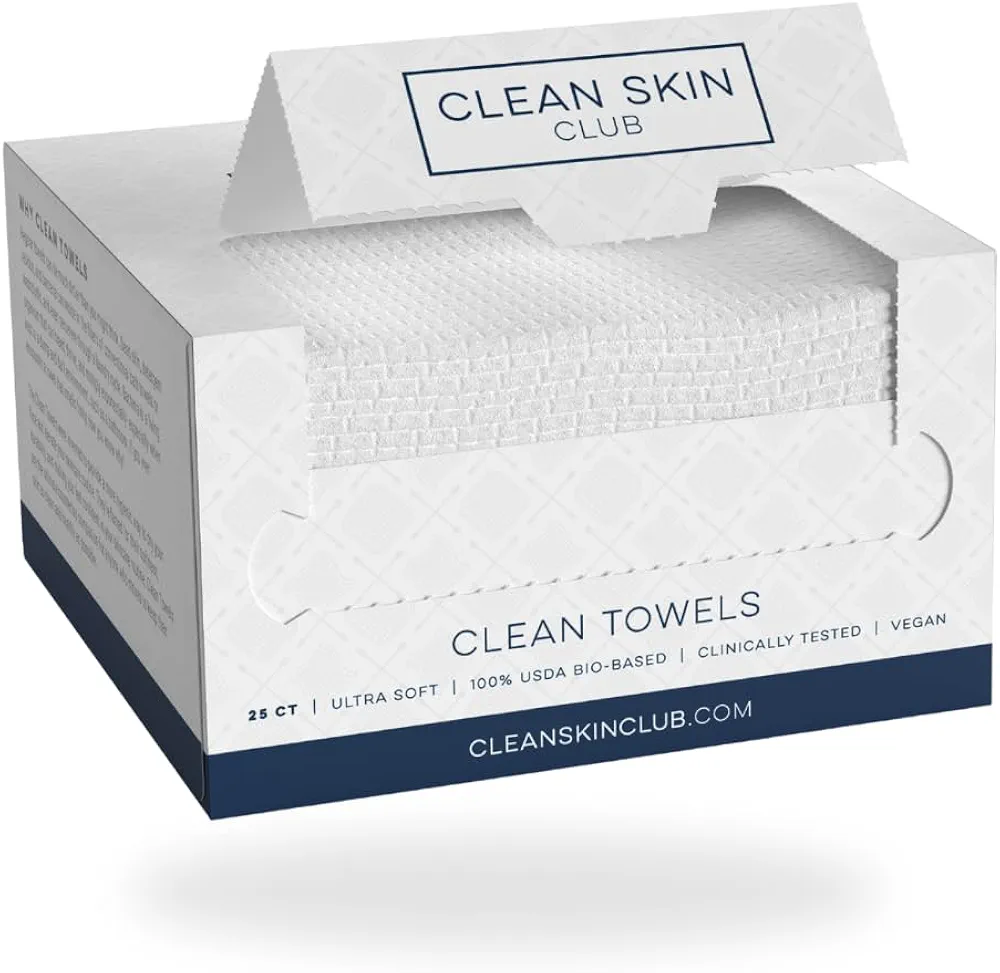 Clean Skin Club Clean Towels™, 100% USDA Biobased Dermatologist Approved Face Towel, Disposable Clinically Tested Face Towelette, Facial Washcloth, Makeup Remover Dry Wipes, Ultra Soft, 50 ct, 2 pack