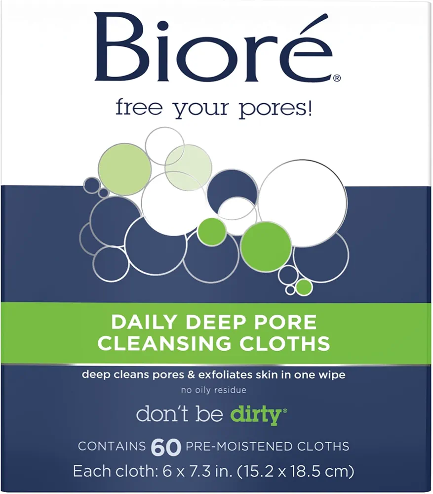 Bioré Daily Make Up Removing Cloths, Facial Cleansing Wipes with Dirt-grabbing Fibers for Deep Pore Cleansing without Oily Residue, 60 Count