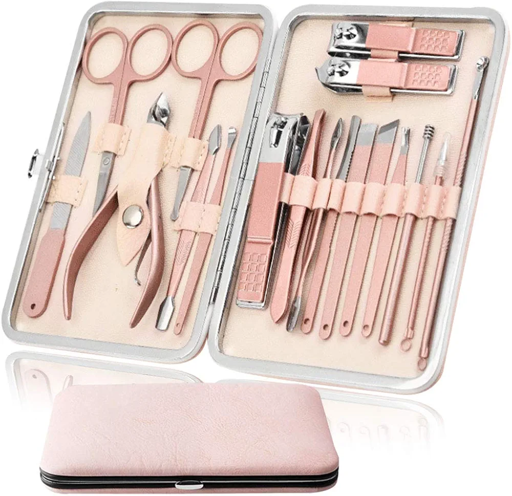 Manicure Set Pedicure Kit Nail Clippers Set Fingernails & Toenails Vibrissac Scissor 18 Pieces Best Care Grooming Tools for Man & Women Gift with Case (Pink_18in1)