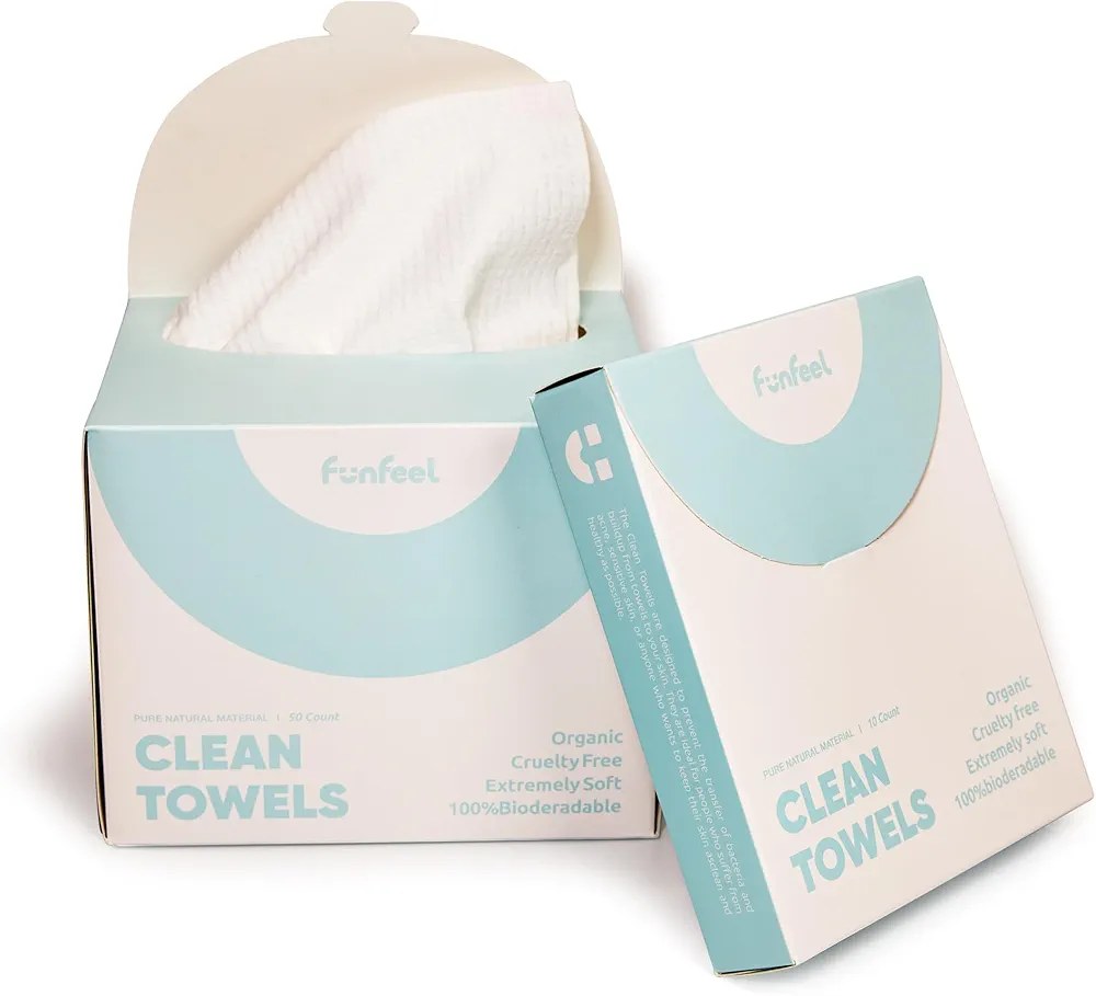 Clean Towels - 100% Biobased, Disposable Face Towels for Sensitive Skin, Super Soft Biodegradable Makeup Remover Wipes, Facial Washcloth 50 Ct with 10 Ct Travel Pack, 2 Packs