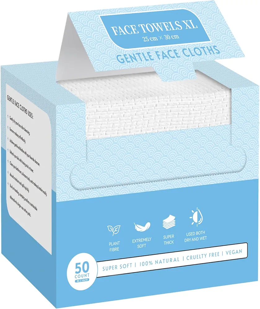 Face Towels, 10"×12" Disposable Face Towel, Face Towelettes XL, Ultra Soft Makeup Remover Dry Wipes, Thick Face Towel for Sensitive Skin, 50 Count (1 Pack)