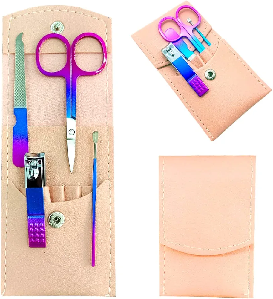 Manicure Set, Professional Women Nail Clippers Kit 4PCS， Stainless Steel Nail Cutter Care Tools Professional Grooming Kits, PU Leather Travel Case （Colorful）