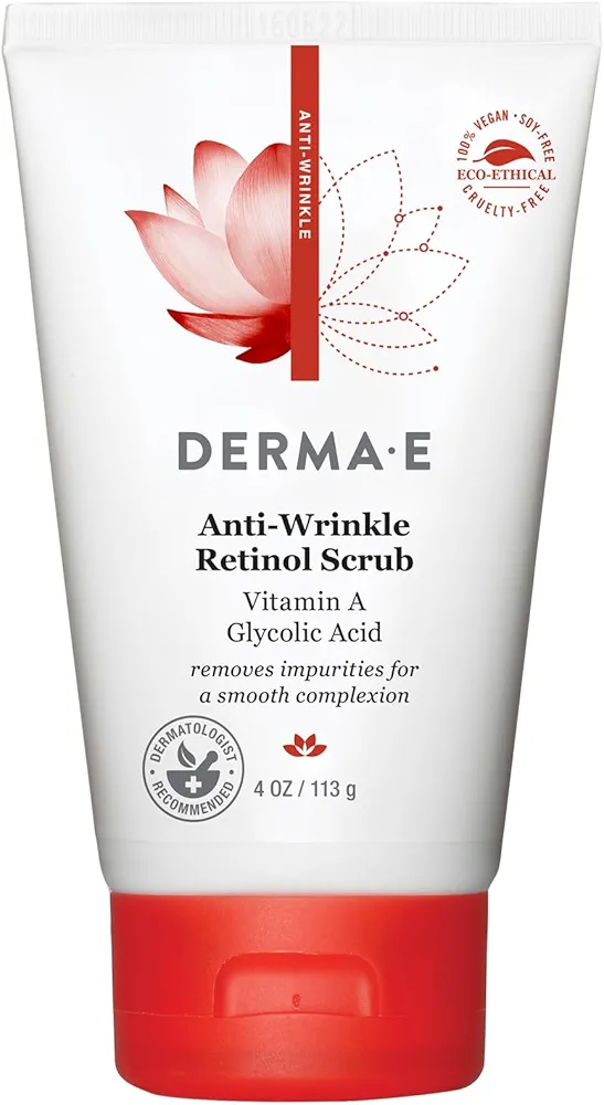 DERMA E Anti-Wrinkle Scrub – Anti-Aging Face Wash with Glycolic Acid and Vitamin A – Cleansing and Exfoliating Treatment Removes Makeup, Oil and Impurities, 4 oz