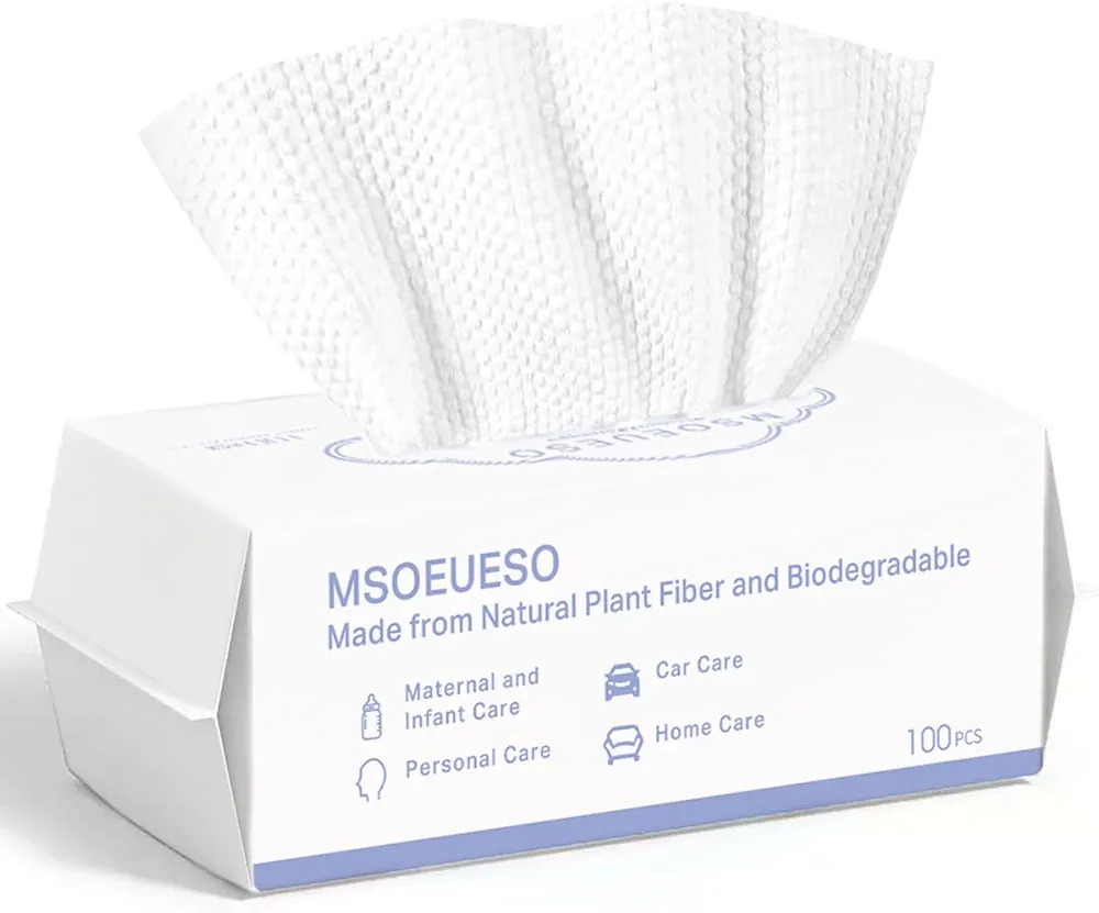 Disposable Face Towel, MSOEUESO 100% Cotton Facial Tissues, Dry Face Cloths, Biodegradable Clean Towels, Makeup Remover Wipes, Ultra Soft for Adults and Baby 100 count, 1 pack