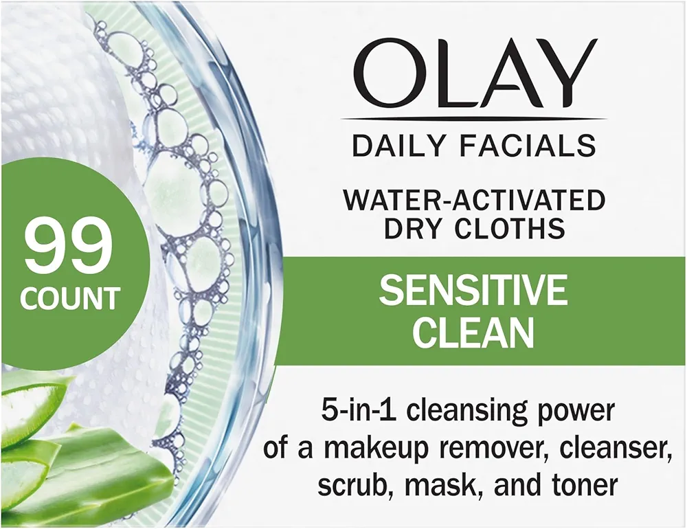 Olay Daily Facials for Clean Sensitive Skin, Makeup Remover Wipes, Soap-Free and Fragrance-Free Cleanser Cloths, 33 Count (Pack of 3)