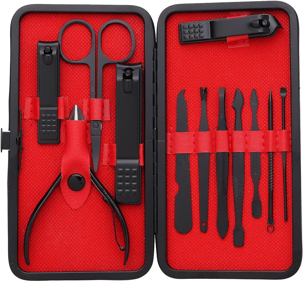 Manicure Set Pedicure Kit Stainless Steel 12 Pcs Set Toe Finger Nail Clipper Personal Care Grooming For Men Women with Luxurious Travel Case - Black