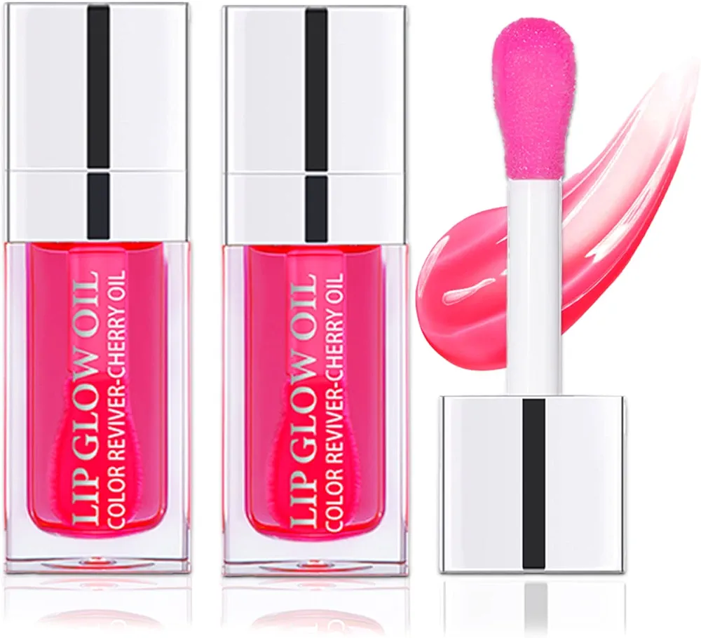 2 PCS Plumping Lip Glow Oil(CHERRY), Clear Tinted Lip Gloss Set, Moisturize Nourish and Enhance Your Lips with a Natural Long-Lasting Shine - Perfect for Any Occasion