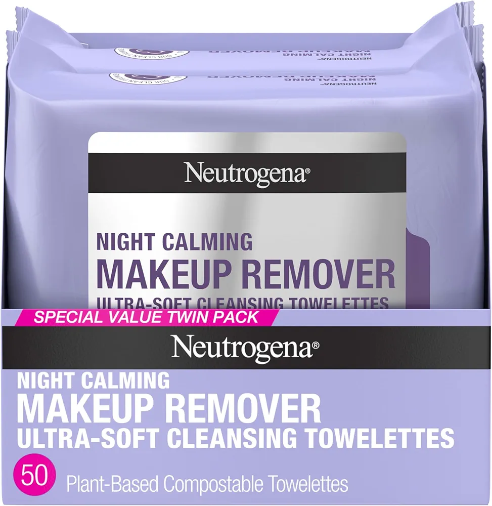 Neutrogena Night Calming Makeup Remover Face Wipes, Nighttime Cleansing Towelettes Remove Sweat, Dirt & Makeup & Calms Skin, Hypoallergenic, 100% Plant Based Cloth, 50 Count (2 Packs of 25)