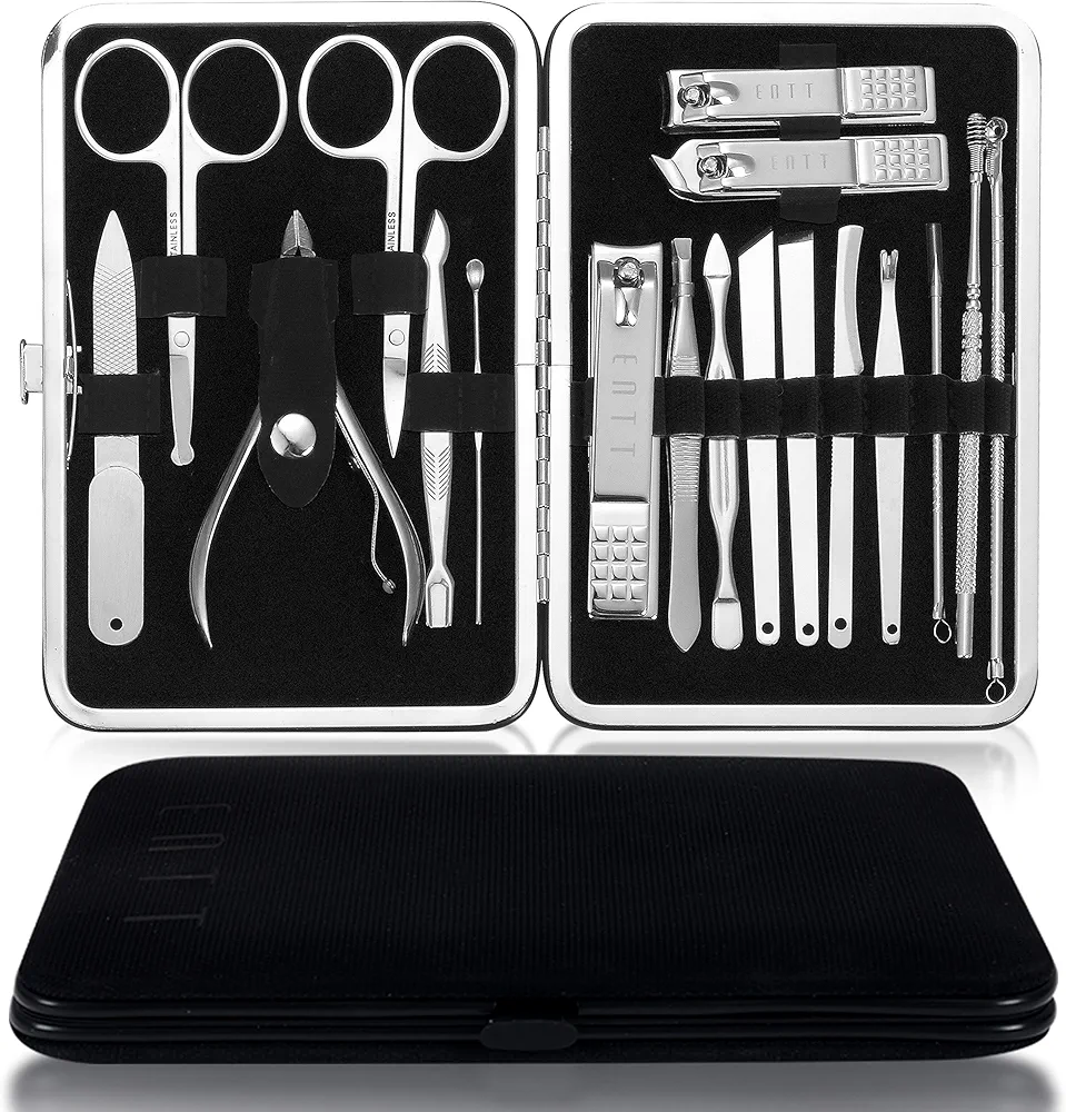 ENTT 18 Piece Manicure Pedicure Set & Grooming Kit - Gift for Men, Women, Wife, Husband, Teen, Seniors, Parents – Carbon Steel Tools - Premium Travel Case & Professional Nail Clippers – Black Case