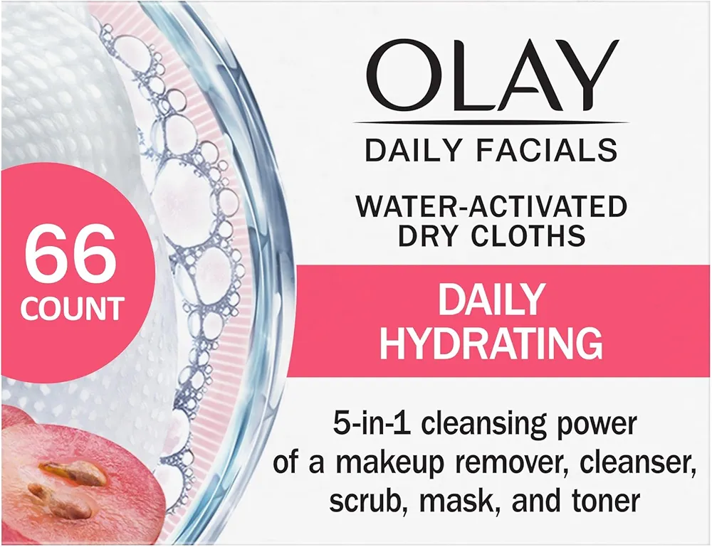 Olay Daily Facials, Daily Clean Makeup Removing Facial Cleansing Wipes, 5-in-1 Water Activated Cloths, Exfoliates, Tones and Hydrates Skin, 66 count