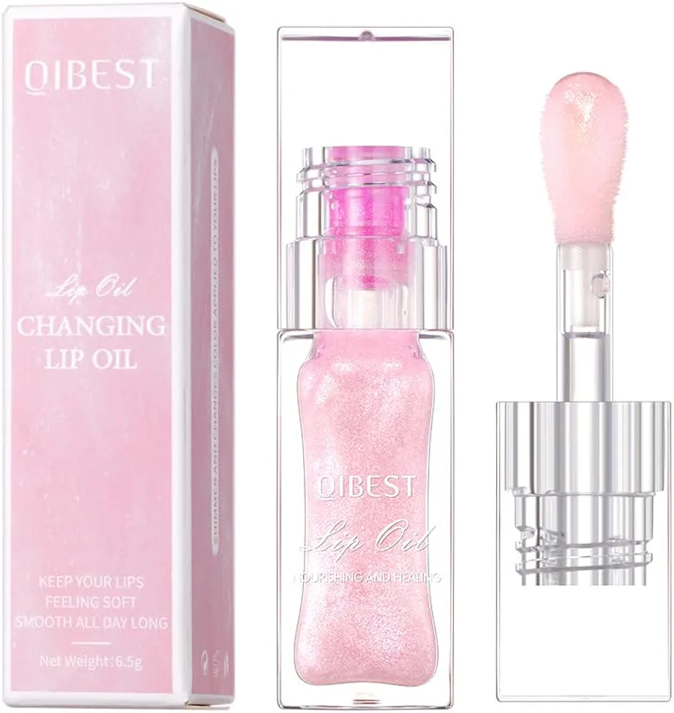 Magic Color Changing Lip Oil Ph, Glitter Lip Gloss, Upgraded Big Brush Head Moisturizing Lip Oil Long Lasting Nourishing Lip Glow Oil Non-Sticky Primer Lip Tint (Pink)