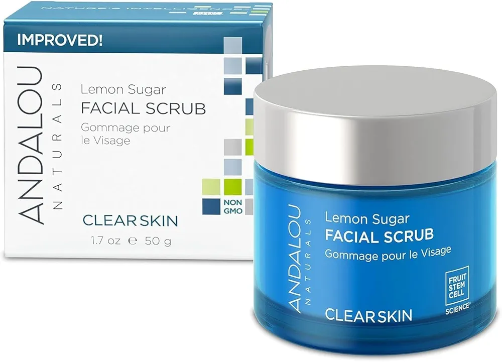 Andalou Naturals Lemon Sugar Facial Scrub, 1.7 oz., Gently Exfoliates and Cleanses for a Clearer, Brighter, and Balanced Looking Complexion, with Meyer Lemons and Manuka Honey