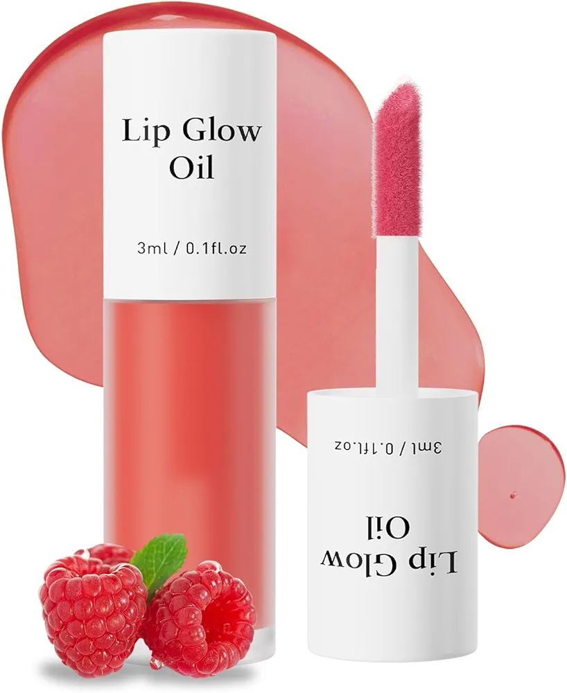 Hydrating Lip Glow Oil - Tinted Moisturizing Lip Gloss Plumping Non-Sticky Long-Lasting Shiny Fruit Flavor Lip Stain, 0.10 Fl Oz (Raspberry)