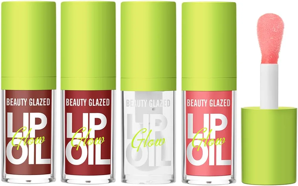 Beauty Glazed Big Brush Head Lip Oil, Ultra-Hydrating & Nourishing, Smooth Glossy Finish Lip Glow Oil, Shiny and Vegan Tinted Lip Gloss, Non-Sticky Formula (4, 101# 102# 105# 107#)