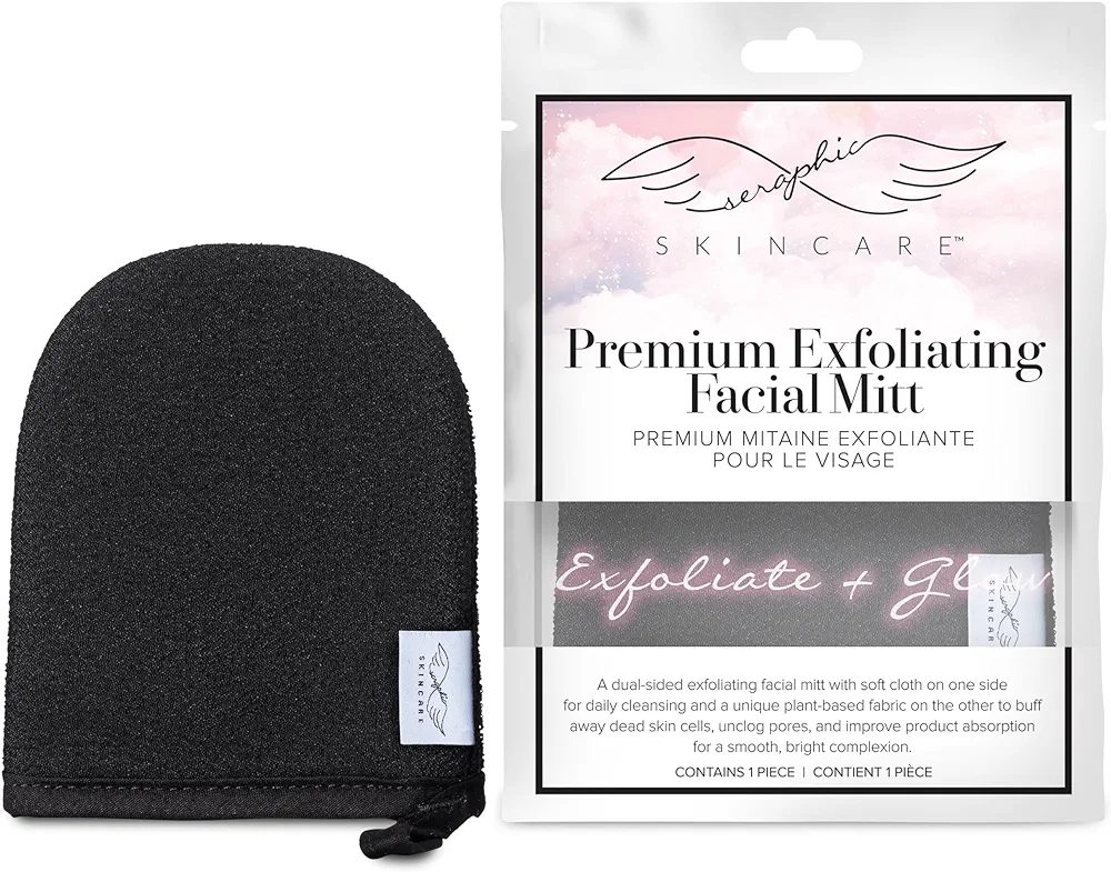 Seraphic Skincare Premium Exfoliating Facial Mitt – 100% Vegan Dual-Sided Face Mitten with Viscose & Washcloth – Facial Scrub Pad for Gentle Cleansing & Exfoliation – Natural Dead Skin Remover