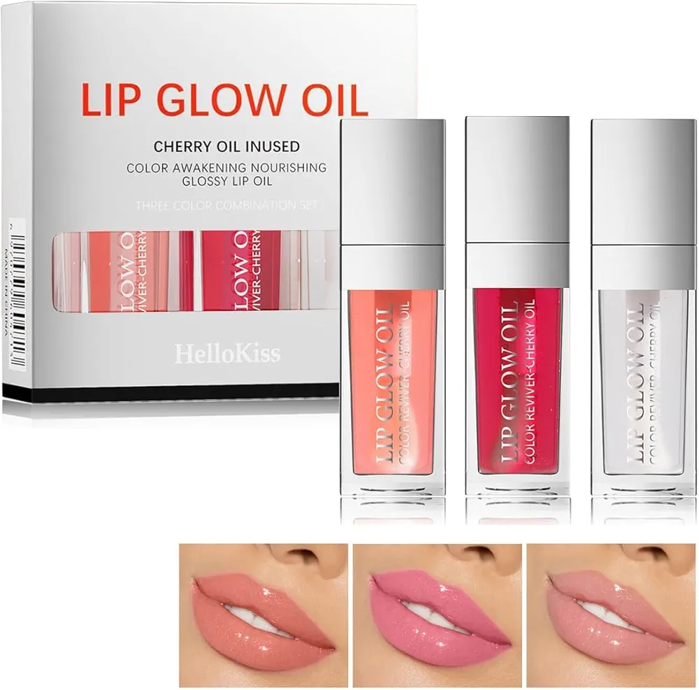 3Pcs Plumping Lip Oil, Lip Glow Oil Tinted Lip Balm Lip Care, Long Lasting Nourishing, Transparent Toot Lip Oil Repairing Lip Lines and Prevents Dry Cracked Lip Plumper Gloss (Set A)