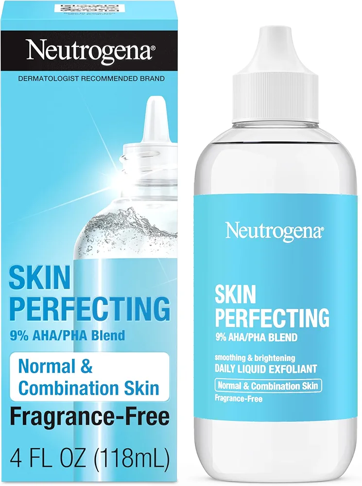 Neutrogena Skin Perfecting Daily Liquid Facial Exfoliant with 9% AHA/PHA Blend for Normal & Combination Skin, Smoothing & Brightening Leave-On Exfoliator, Oil- & Fragrance-Free, 4 fl. oz