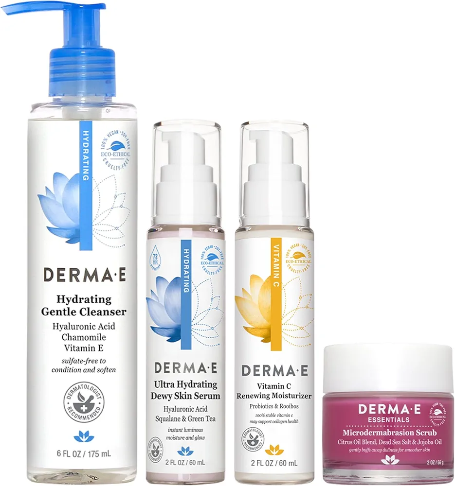 DERMA E Microdermabrasion Scrub, 2 oz, Hydrating Gentle Cleanser, 6 fl oz, Ultra Hydrating Dewy Skin Serum, 2 fl oz, Vitamin C Renewing Moisturizer, 2 fl oz