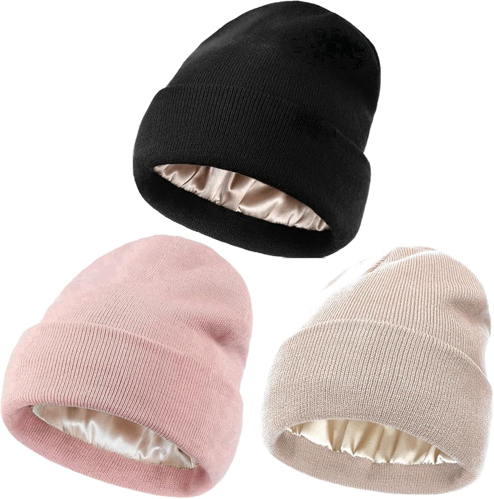 Satin Lined Knit Beanie Hat for Women Men Lightweight Winter Silk Lining Soft Slouchy Warm Cuffed Beanie Hat Anti-Static