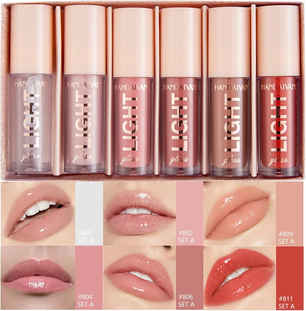 6PCS Lip Oil Light Lipgloss Set, Moisturizing Hydrating Lip Glow Oil Lip Gloss Kit High Shine Lip Plumping Glass Finish Liquid Lipstick for Women (Set A)