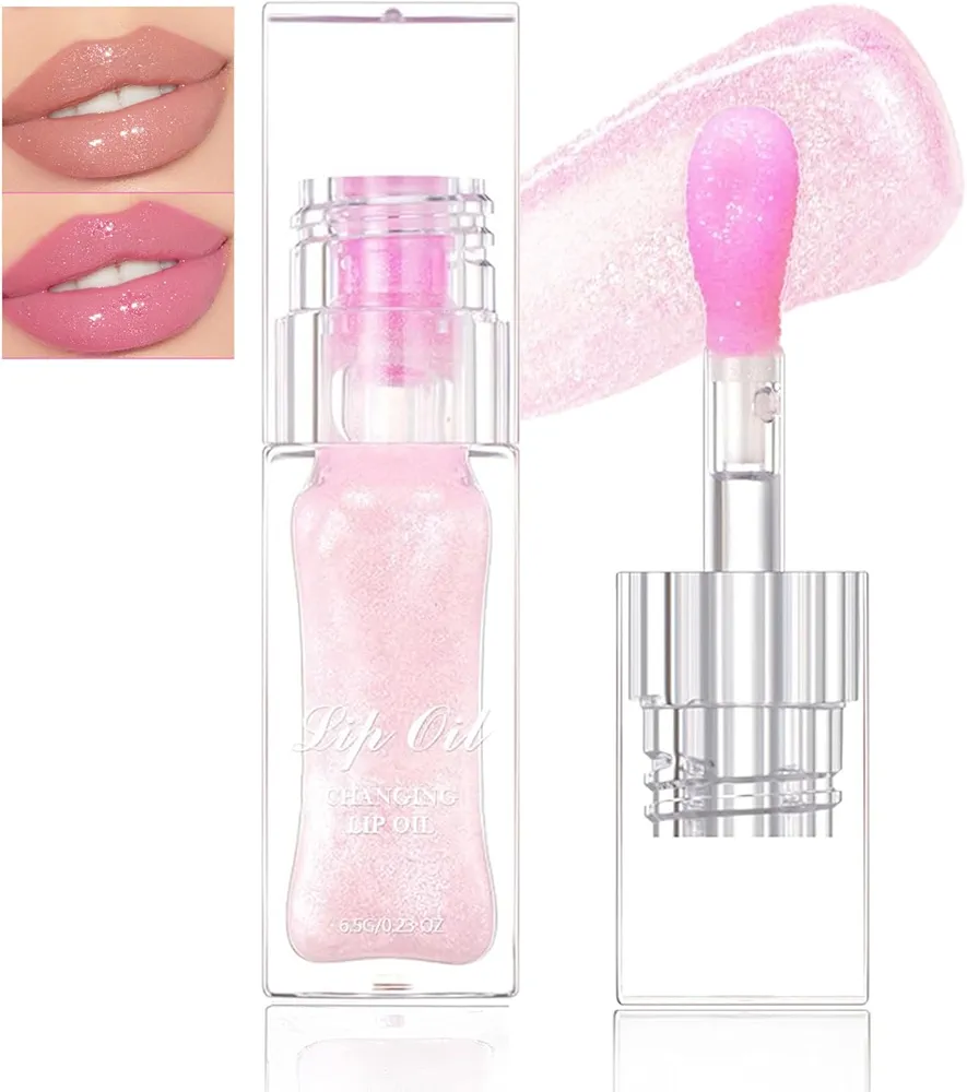 Color Changing Moisturizing Lip Glow Oil, Magic Plumping Lip Oil, Warm Change Color Changing Moisturizing Lip Gloss Long Lasting Nourishing Lip Glow Oil Non-sticky Primer Lip Tint (02 Shimmer Pink)