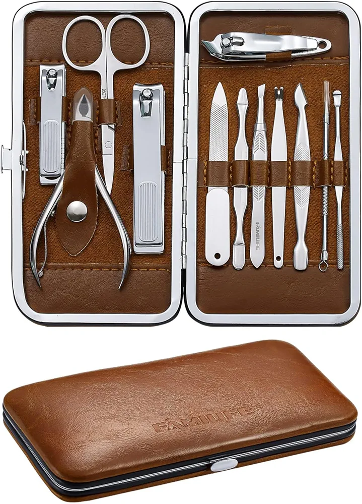 FAMILIFE Manicure Set, Professional Nail Kit Manicure Kit Nail Clipper Set, 12PCS Stainless Steel Nail Care Kit Manicure Tools, Nail Set with Brown Leather Travel Case Luxury Gifts for Him